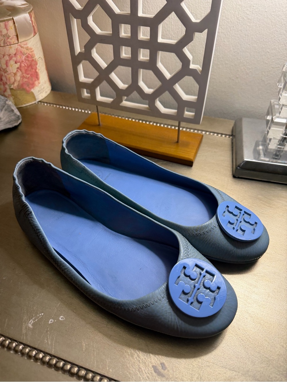 Tory Burch Blue Leather Logo Round-Toe Ballet Flats